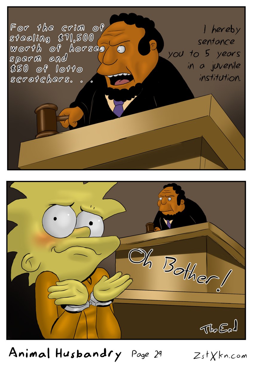 beard blush clothing courtroom cuff_(restraint) duo facial_hair female gavel_(object) hair handcuffed handcuffs human_only lectern male metal_cuffs necktie not_furry prison_uniform restraints shackles suit text zst_xkn the_simpsons judge_roy_snyder_(the_simpsons) lisa_simpson human mammal absurd_res comic english_text hi_res translated url