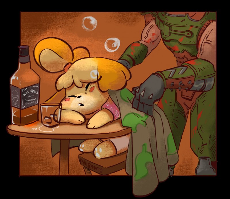 doom slayer and isabelle (animal crossing and etc) created by philtomato