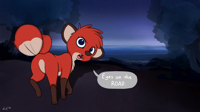 butt dialogue female feral fur looking_at_viewer night red_body red_fur solo speech_bubble talking_to_viewer kettukarkki jungledyret_hugo rita_(jungledyret) canid canine fox mammal 16:9 2020 hi_res widescreen