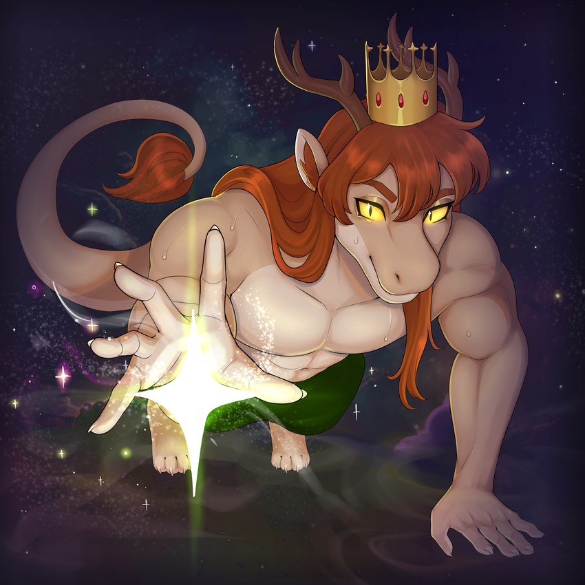 abs anthro antlers athletic athletic_male barefoot biceps bodily_fluids catching claws crown exercise feet grabbing_object hair happy headgear holidays horn long_hair looking_at_viewer magic male mane medieval muscular muscular_male night paws pecs prince push-up reaching_towards_viewer royalty shirtless smile solo star sweat tail tail_tuft triceps tuft docfurpanic christmas mythology prince_borgon dragon mythological_creature mythological_scalie scalie 1:1 hi_res