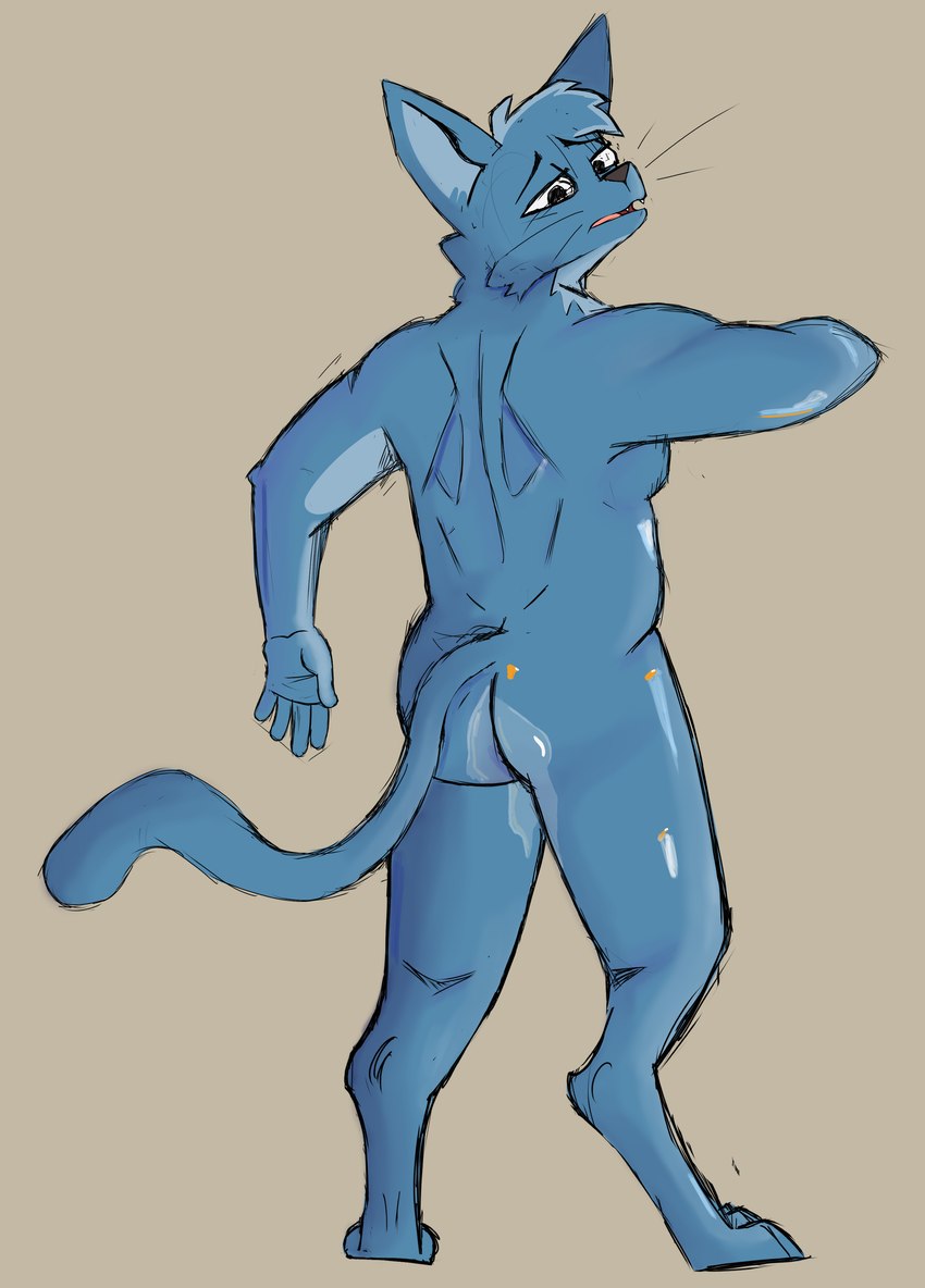 anthro back_muscles blue_body blue_fur butt fur looking_back male sketchy solo tail blueguylie domestic_cat felid feline felis mammal absurd_res hi_res