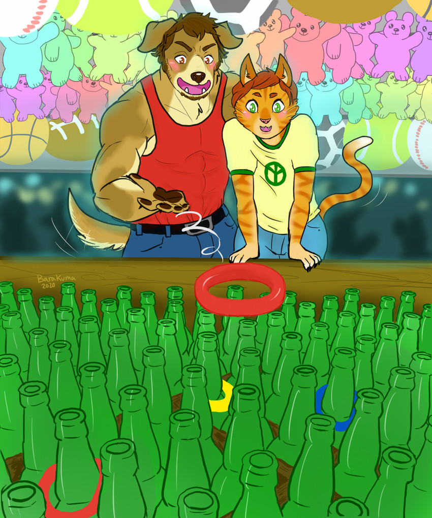 amusement_park anthro anthro_on_anthro blush bottle container date dating duo facial_hair heart_symbol love male male/male open_mouth open_smile peace_symbol plushie prize romantic romantic_couple smile barakuma canid canine canis domestic_cat domestic_dog felid feline felis mammal 2020 5:6 hi_res