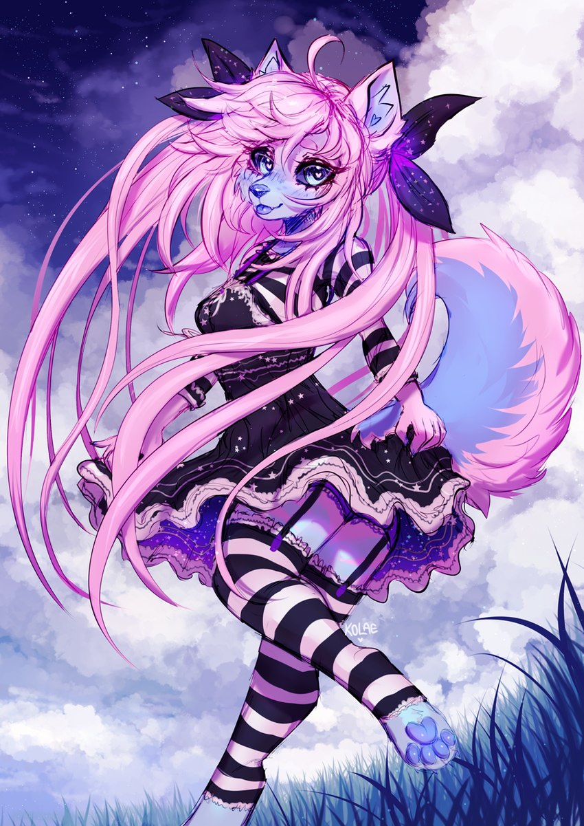 2000s_theme accessory alternative_fashion anthro biped blep blue_body blue_claws blue_fur blue_nose blue_pawpads blue_tongue bow_ribbon claws clothed clothing cloud cosplay cosplay_lolita dress eyelashes feet female fluffy fluffy_tail fur garter_straps goth gothic_lolita grass hair hair_accessory hair_bow hair_ribbon heart_eyes heart_symbol j-fashion legwear lolita_(fashion) long_hair looking_at_viewer outside pattern_clothing pattern_legwear pawpads paws pigtails pink_hair plant ribbons sky slim_anthro slim_female solo sparklefur star starry_sky striped_clothing striped_legwear stripes tail tongue tongue_out twin_bows twin_hair_bows twintails_(hairstyle) kolae copyright_request kolae_(character) canid canine canis domestic_dog husky mammal nordic_sled_dog spitz 2024 character_request hi_res shaded