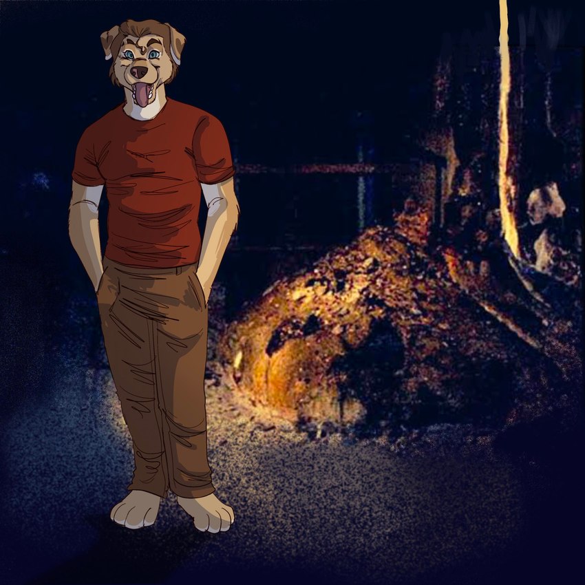 anthro barefoot chernobyl clothed clothing feet hand_in_pocket happy khaki_pants male nuclear_power_plant pockets smile solo tongue tongue_out uranium ferretpilot elephant's_foot_(chernobyl) meme_clothing canid canine canis domestic_dog mammal 1:1 hi_res meme