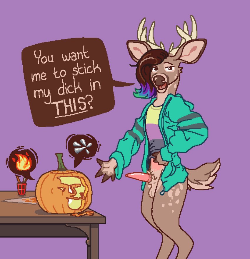 anatomically_correct anatomically_correct_genitalia anatomically_correct_penis animal_genitalia animal_penis anthro antlers balls big_ears biped bottomless bottomless_anthro bottomless_male brown_body brown_fur cervine_genitalia cervine_penis clothed clothing clothing_pull coat dangerous dialogue erection femboy food food_fetish food_play fruit fur genitals half-erect holidays horn humor jack-o'-lantern male male_anthro partially_clothed penis pink_penis plant pumpkin sassy sheath solo speech_bubble tapering_penis text topwear trollface dyyrlysh halloween kristoffer_everglade deer mammal new_world_deer white-tailed_deer 2022 absurd_res aliasing aseprite_(artwork) digital_media_(artwork) english_text hi_res meme pixel_(artwork)