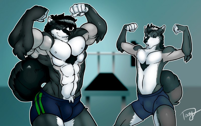 anthro clothed clothing duo flexing looking_at_viewer male muscular muscular_male smile standing topless greatwuff canid canine mammal