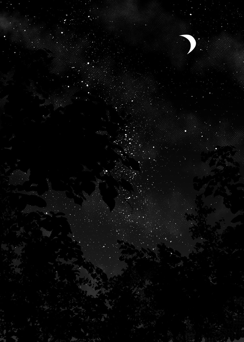 cloud crescent_moon dark low-angle_view moon night not_furry plant star starscape tree worm's-eye_view zero_pictured bringeall absurd_res black_and_white dark_theme hi_res monochrome