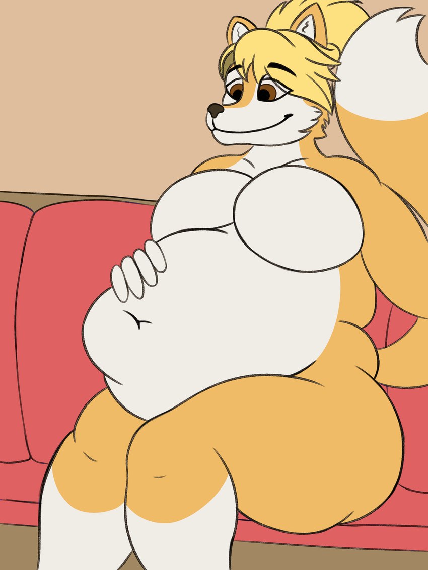 anthro belly big_belly big_breasts big_butt blonde_hair breasts bulge butt duo female furniture hair hand_on_belly male male/female nude oral_vore sitting sofa tail vore weks wide_hips weksoida jen_(scottc) canid canine fox mammal absurd_res digital_media_(artwork) hi_res