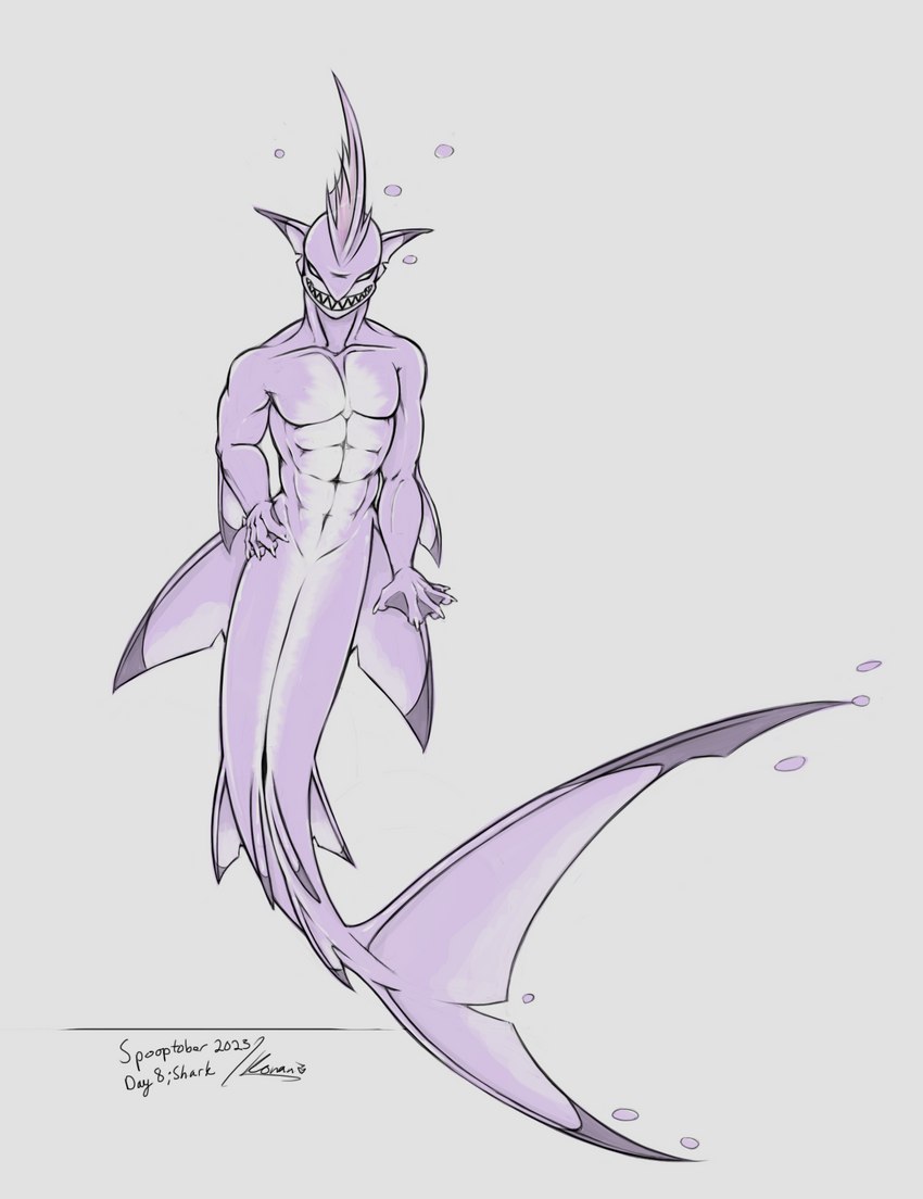 5_fingers anthro ear_fins empty_eyes fin fin_hair fingers hand_on_hip human_torso looking_at_viewer male multicolored_body muscular nude pseudo_hair purple_body smile solo split_form spooptober teeth text two_tone_body white_body konani drawtober blacktip_reef_shark carcharhinus fish marine merfolk reef_shark requiem_shark shark 2023 digital_media_(artwork) english_text hi_res