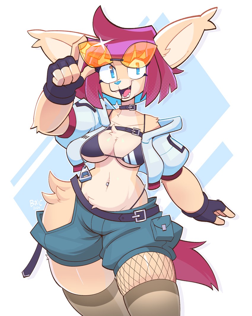 anthro belt big_ears bikini bikini_top black_bikini_top blue_eyes blue_nose bottomwear clothing collar denim denim_bottomwear denim_clothing denim_shorts eyewear female fingerless_gloves gloves hair handwear jacket legwear navel navel_piercing open_mouth orange_eyewear orange_sunglasses piercing pink_hair pink_tail shorts simple_background smile solo stockings sunglasses swimwear tail topwear two-piece_swimsuit white_background white_clothing white_jacket white_topwear boxicfunk cleo_(dooper64) canid canine fennec_fox fox mammal true_fox 4:5 hi_res