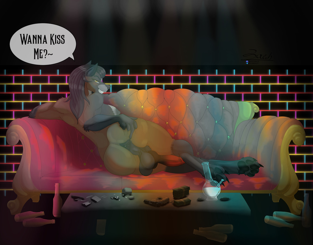 alcohol animal_genitalia animal_penis anthro anus balls beer beer_bottle beverage big_balls big_penis black_body black_fur black_hair black_markings bong bottle breasts brown_body brown_fur butt canine_genitalia canine_penis cocaine container dialogue drugs erection fur furniture genitals gesture gradient_penis grin gun gynomorph hair hand_gesture handgun intersex inviting_to_sex knot lights lying marijuana markings middle_finger money muscular muscular_anthro muscular_gynomorph muscular_intersex nightclub nipples on_side pawpads penis perineum pills ranged_weapon razor_blade rear_view revolver saggy_balls smile sofa solo tailless text weapon yellow_eyes conditional_dnp zer0rebel4 blizzard_entertainment warcraft mirabelle_sharmann canid mammal werecanid werecreature worgen 2025 absurd_res english_text hi_res shaded soft_shading