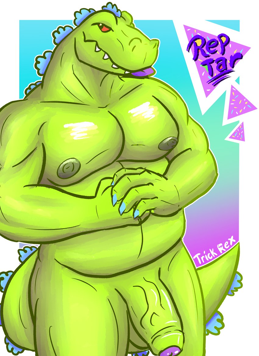 anthro belly biceps blue_claws blue_tongue claws erect_nipples fist foreskin genitals green_body green_nipples green_penis green_skin humanoid_genitalia humanoid_penis male musclegut muscular muscular_male nipples orange_eyes pecs penis purple_penis simple_background slightly_chubby solo tail tail_motion teeth teeth_showing text tongue tongue_out vein veiny_penis trick_rex nickelodeon rugrats reptar dinosaur kaiju prehistoric_species reptile scalie theropod tyrannosaurid tyrannosauroid tyrannosaurus tyrannosaurus_rex 2021 absurd_res digital_media_(artwork) hi_res