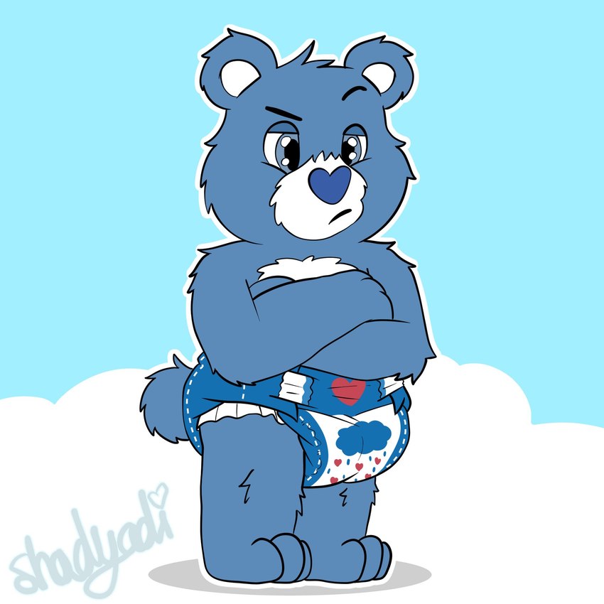 anthro biped clean_diaper clothed clothing diaper diaper_only fur heart_clothing heart_diaper heart_font heart_font_signature heart_in_signature heart_nose heart_print heart_symbol heart_underwear male print_diaper simple_background solo standing topless underwear wearing_diaper shadyadi care_bears grumpy_bear bear mammal 1:1 2022 hi_res signature