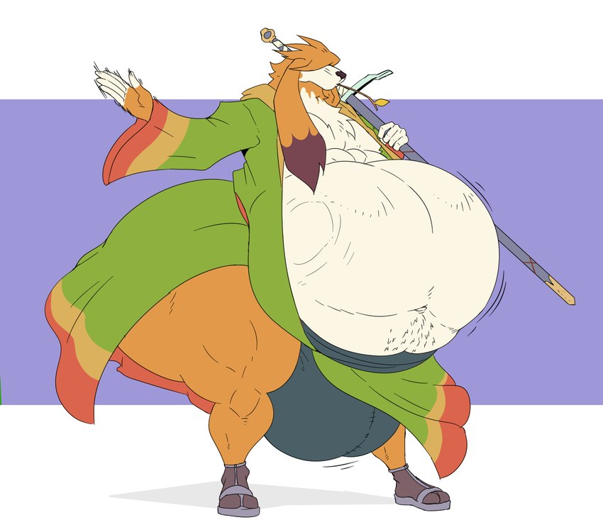 anthro balls belly belly_slap big_balls big_belly big_butt bulge butt clothing covered_eyes footwear fur genitals hair holding_melee_weapon holding_object holding_sword holding_weapon long_ears male melee_weapon navel obese obese_anthro obese_male overweight overweight_anthro overweight_male robe sandals shoes slap slapping_own_belly slapping_self solo stick_in_mouth sword thick_thighs weapon wide_hips reagan700 breath_of_fire capcom scias canid canine canis domestic_dog mammal 2024 artist_collaboration hi_res