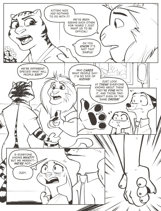 anthro bodily_fluids clothed clothing dialogue female hand_holding male speech_bubble sweat text rockbottomfeeder disney zootopia judy_hopps nick_wilde officer_delgato officer_fangmeyer canid canine felid fox lagomorph leporid lion mammal pantherine rabbit red_fox tiger true_fox black_and_white comic english_text hi_res monochrome