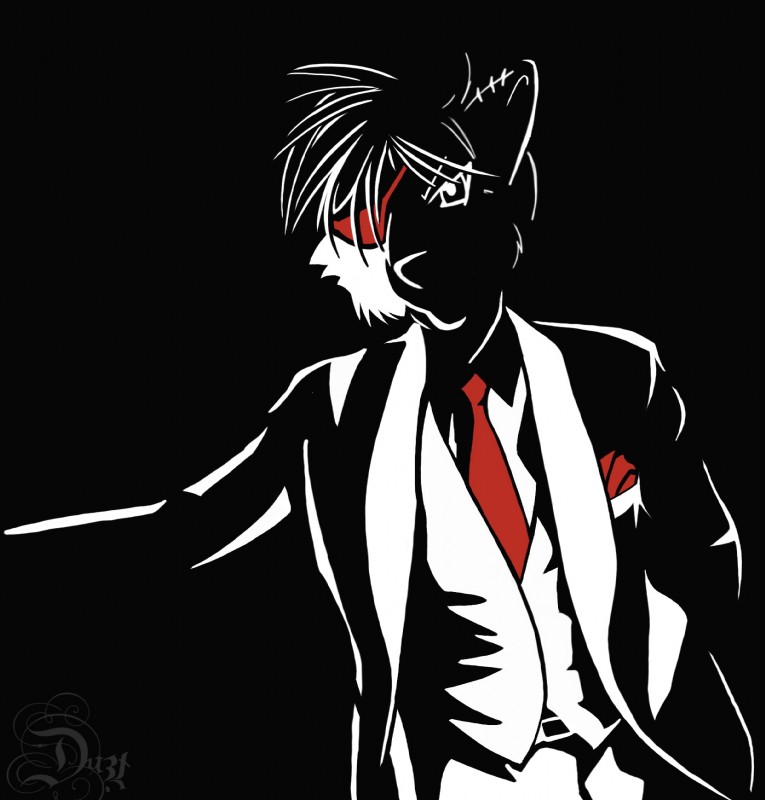 anthro black_background clothed clothing eye_patch eyewear male mobster simple_background solo standing suit duzt canid canine canis mammal wolf hi_res restricted_palette