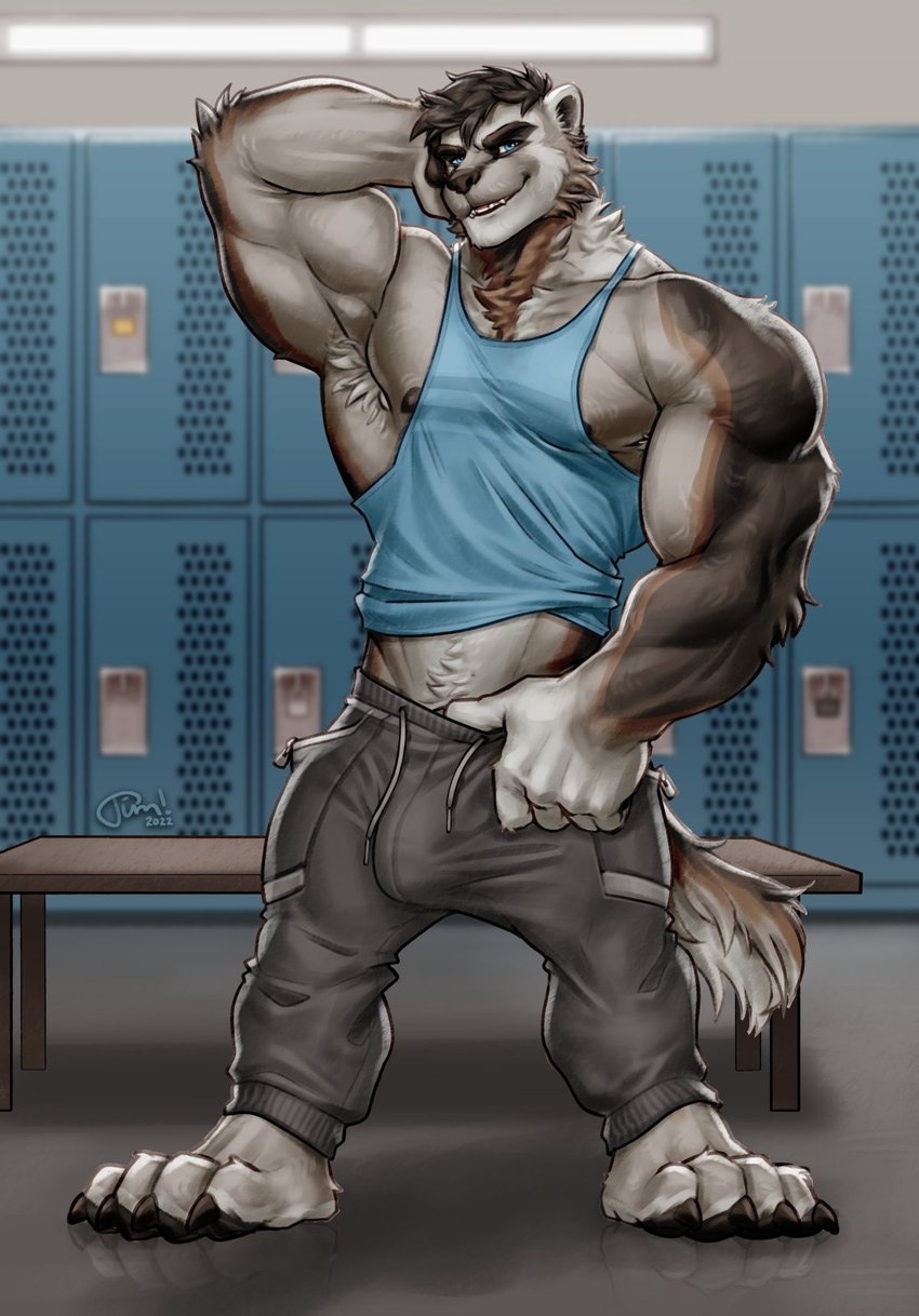 anthro armpit_hair barazoku barefoot bench biceps big_bulge big_muscles body_hair bottomwear bulge claws clothed clothing erection erection_under_clothing eyebrows feet fur hair hand_behind_head huge_bulge huge_muscles inside locker locker_room looking_at_viewer male muscular muscular_anthro muscular_male nipples obliques pants pecs shadow shirt smile solo standing sweatpants tank_top topwear tuft timdoodles styrling canid canine canis gulonine hybrid mammal mustelid musteline wolf wolverine 2022 full-length_portrait hi_res portrait signature