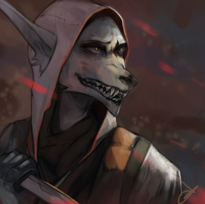 anthro black_nose brown_eyes brown_sclera clothed clothing dagger detailed_background ear_tuft fully_clothed fur grey_body grey_ears grey_fur holding_dagger holding_melee_weapon holding_object holding_weapon hood male melee_weapon outside sharp_teeth smile solo teeth tuft weapon akrolayn killzone sony_corporation sony_interactive_entertainment canid canine mammal 2018 bust_portrait digital_media_(artwork) digital_painting_(artwork) hi_res portrait