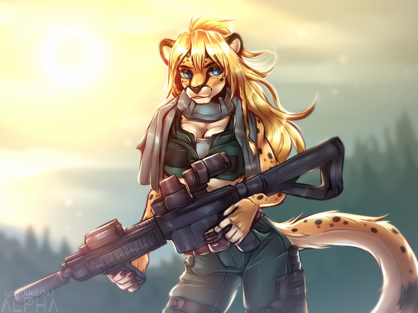 5_fingers anthro bad_trigger_discipline black_spots blonde_hair blue_eyes blurred_background breasts cleavage clothed clothing female fingers forest forest_background fur green_clothing green_uniform gun hair holding_gun holding_object holding_ranged_weapon holding_rifle holding_weapon long_hair markings medium_breasts military_uniform nature nature_background plant ranged_weapon rifle scarf scope solo spots spotted_body spotted_fur standing sun tree uniform weapon yellow_body yellow_fur lgag006k043_(artist) lena_fluffy_(character) cheetah felid feline mammal 2022 hi_res