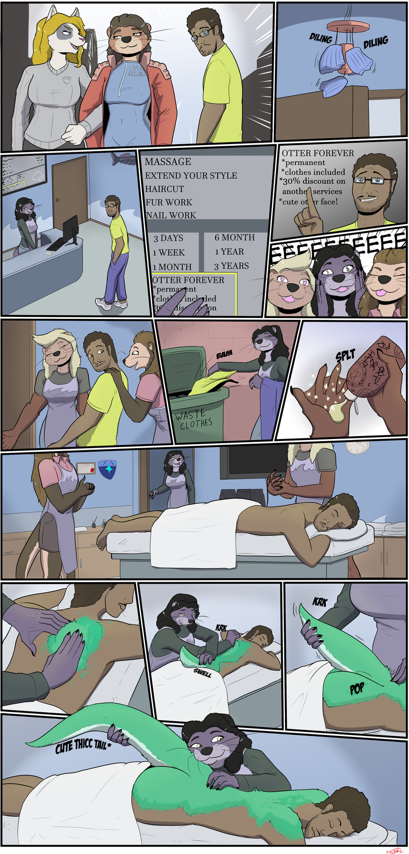 anthro female gender_transformation group male massage massage_table permanent_transformation saloon tail text transformation mrdyga domestic_cat felid feline felis human mammal mustelid otter absurd_res comic english_text hi_res