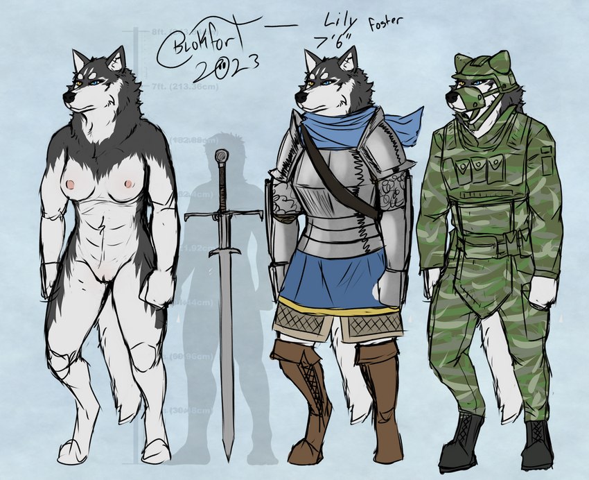 anthro armor blue_eyes boots bottomwear breasts brown_eye clothing female footwear fur genitals grey_body grey_fur heterochromia melee_weapon military_clothing military_uniform nipples nude pussy scarf shoes simple_background skirt solo sword uniform weapon white_body white_fur blokfort canid canine canis domestic_dog husky mammal nordic_sled_dog spitz 2023 model_sheet