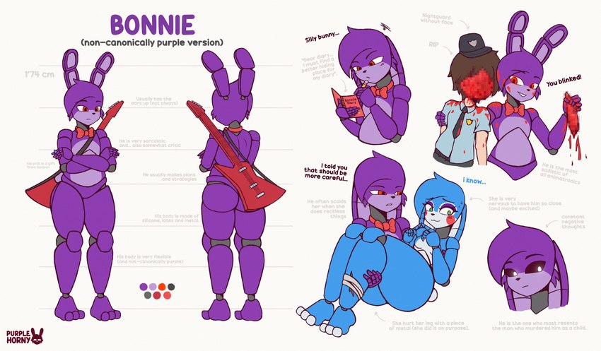 anthro blush bodily_fluids clothing death female gore green_eyes group guitar hat headgear headwear machine male musical_instrument pencil_(object) plucked_string_instrument purple_body red_eyes string_instrument sweat sweatdrop text thick_thighs trio purplehorny five_nights_at_freddy's five_nights_at_freddy's_2 scottgames bonnie_(fnaf) toy_bonnie_(fnaf) animatronic human lagomorph leporid mammal rabbit robot absurd_res english_text hi_res huge_filesize