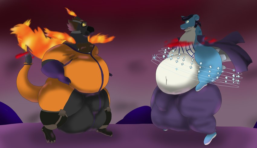 anthro battle belly big_belly big_bulge body_hair bulge chest_hair detailed_bulge duo genital_outline huge_bulge hyper hyper_bulge male overweight overweight_male penis_outline alythewolfcat nintendo pokemon gilbert_freeman charizard generation_1_pokemon gigantamax_pokemon lapras pokemon_(species) hi_res