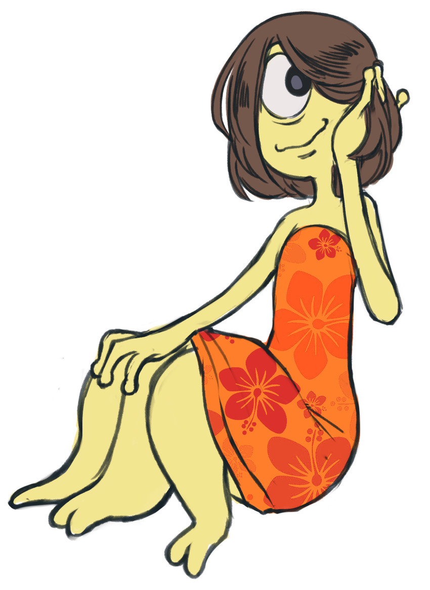 1_eye 2_toes 3_fingers 3_legs brown_hair clothed clothing crossdressing dress feet fingers hair hand_on_knee hand_on_leg looking_aside nervous_smile not_furry simple_background smile solo toes white_background wig yazzdonut disney lilo_and_stitch wendy_pleakley alien plorgonarian colored_sketch hi_res sketch