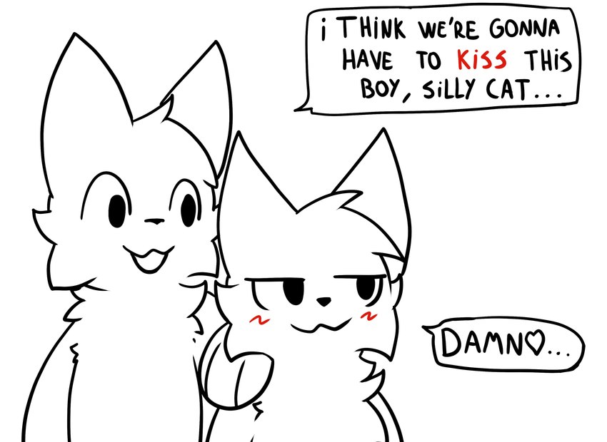 :3 ambiguous_gender anthro black_text closed_smile dialogue duo mouth_closed open_mouth open_smile red_text simple_background smile speech_bubble stated_homosexuality stated_sexuality text toony white_background unusualmatias boy_kisser_(meme) i_think_we're_gonna_have_to_kill_this_guy silly_cat_(mauzymice) domestic_cat felid feline felis mammal absurd_res black_and_white_and_red english_text hi_res meme spot_color