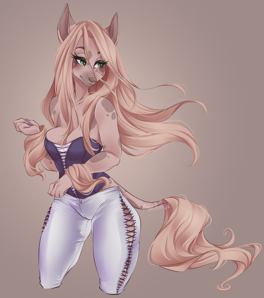 anthro bottomwear breasts brown_body brown_fur brown_hair clothing female fur green_eyes hair long_hair looking_aside markings pants simple_background solo spots spotted_body bunnywhiskerz canid canine canis domestic_dog mammal 2021 digital_media_(artwork) hi_res shaded