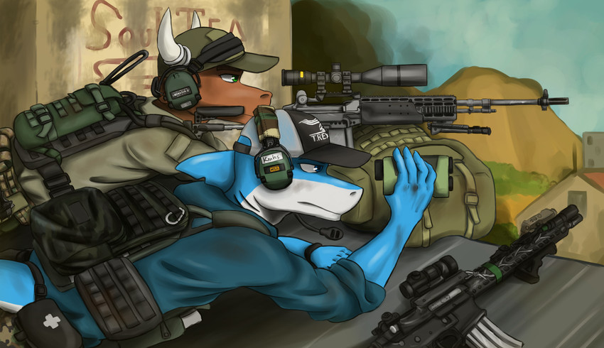 anthro armor backpack binoculars blue_body body_armor brown_body city clothed clothing detailed_background dirty duo electronics gun hat headgear headphones headset headwear horn looking_aside looking_away lying m14_ebr m4a1 male multicolored_body on_front outside ranged_weapon rifle rooftop side_view smoke sniper_rifle text text_on_clothing text_on_hat text_on_headwear two_tone_body weapon white_body krahs_tsai krahs_(krahs_tsai) bovid bovine cattle fish mammal marine shark absurd_res hi_res