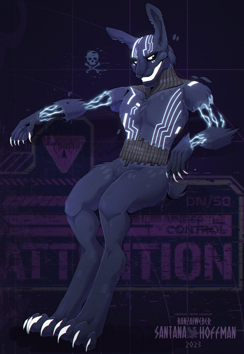 abstract_background anthro blue_body blue_fur claws electricity featureless_crotch finger_claws fingers fur grin male markings nude sitting skull_and_crossbones smile solo toe_claws white_claws white_markings santanahoffman five_nights_at_freddy's five_nights_at_freddy's:_security_breach five_nights_at_freddy's:_security_breach_ruin scottgames steel_wool_studios mxes_(fnaf) lagomorph leporid mammal rabbit 2023 absurd_res artist_name dated digital_media_(artwork) full-length_portrait hi_res portrait