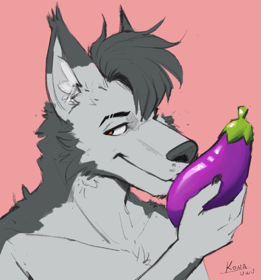 anthro eggplant food food_fetish fruit fur grey_body grey_fur kissing male plant solo suggestive suggestive_food fuzziness jim_(itsjimmm) canid canine canis domestic_dog husky mammal nordic_sled_dog spitz hi_res