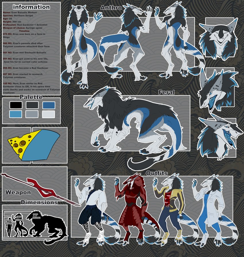 4_fingers 4_toes angry anthro armor black_clothing blue_body blue_claws blue_clothing blue_eyes blue_fur blue_mane blue_pawpads blue_tail blue_tongue casual_clothing claws clothing coat eyes_closed feet feral fingers fur gas_mask grey_body grey_fur grey_mane grey_tail happy lab_coat looking_at_viewer male mane mask measurements melee_weapon multicolored_body multicolored_clothing multicolored_fur multicolored_mane multicolored_tail open_mouth pawpads polearm pupils red_armor red_clothing simple_background slit_pupils solo spear syringe_spear tail tail_tuft text toes tongue topwear tuft two_tone_mane weapon white_body white_clothing white_fur white_tail yellow_clothing omez vilous eran_morkon sergal 2022 absurd_res english_text flat_colors hi_res model_sheet