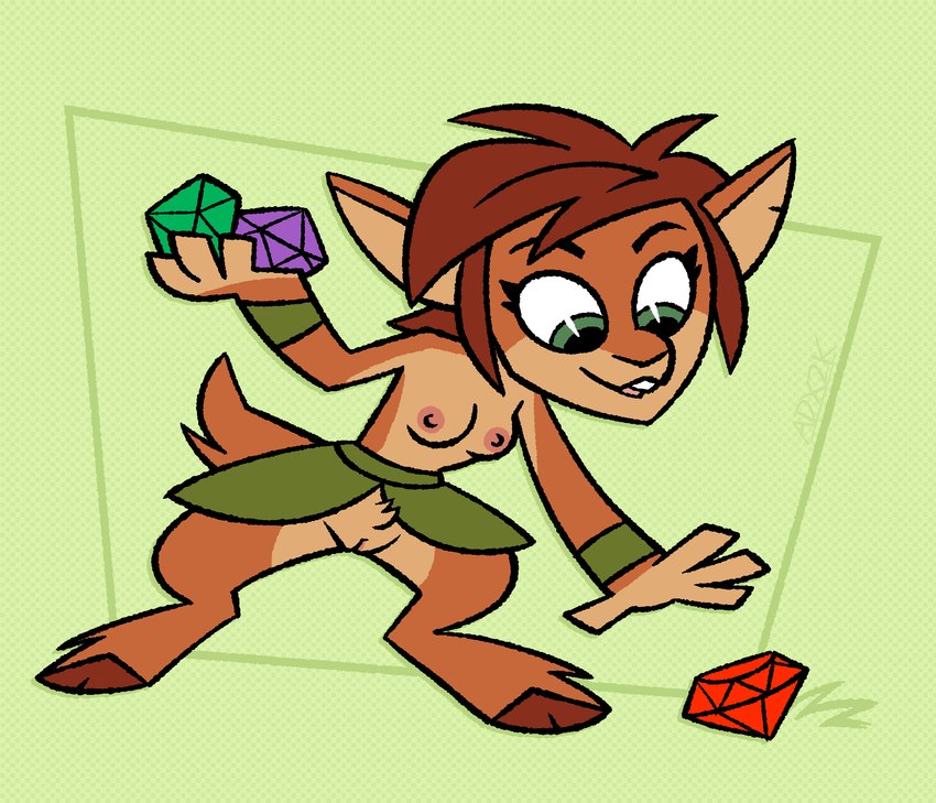 anthro breasts brown_body brown_fur brown_hair casual_exposure clothed clothing crotch_tuft drop_shadow female front_view fur gem genitals green_eyes hair hooves nipples outline partially_clothed pussy solo toony topless topless_anthro topless_female tuft artdexo2000 activision spyro_the_dragon elora deer faun_(spyro) mammal 2022 full-length_portrait hi_res portrait