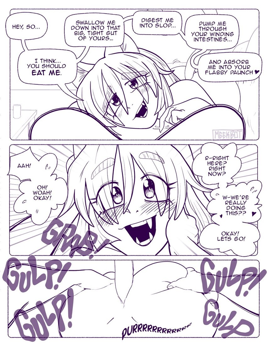 3_panel_comic blush blush_lines breasts butt butt_grab cat_tail describing_belly dialogue duo excited face_grab fangs fatal_vore female female/female female_pov female_pred female_prey first_person_view focus_lines hand_on_butt happy head_first human_pred humanoid_prey imminent_death imminent_digestion imminent_vore nude open_mouth open_smile oral_vore pred_pov purring same_size_vore smile sound_effects stuttering swallowing teeth text vore willing_prey meekbot animal_humanoid cat_humanoid felid felid_humanoid feline feline_humanoid human humanoid mammal mammal_humanoid comic english_text hi_res monochrome