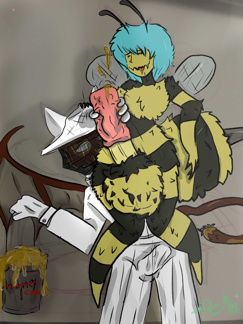 anthro balls beekeeper big_balls big_penis blue_hair bodily_fluids cum duo flavored_cum flying food genital_fluids genitals hair handjob handjob_from_behind helping honey_(food) honey_cum insect_wings male male/male masturbation penetrable_sex_toy penile penile_masturbation penis sex sex_toy unusual_bodily_fluids unusual_cum unusual_genital_fluids wings jadeoffragons arthropod bee domestic_cat felid feline felis hymenopteran insect mammal 3:4 absurd_res hi_res