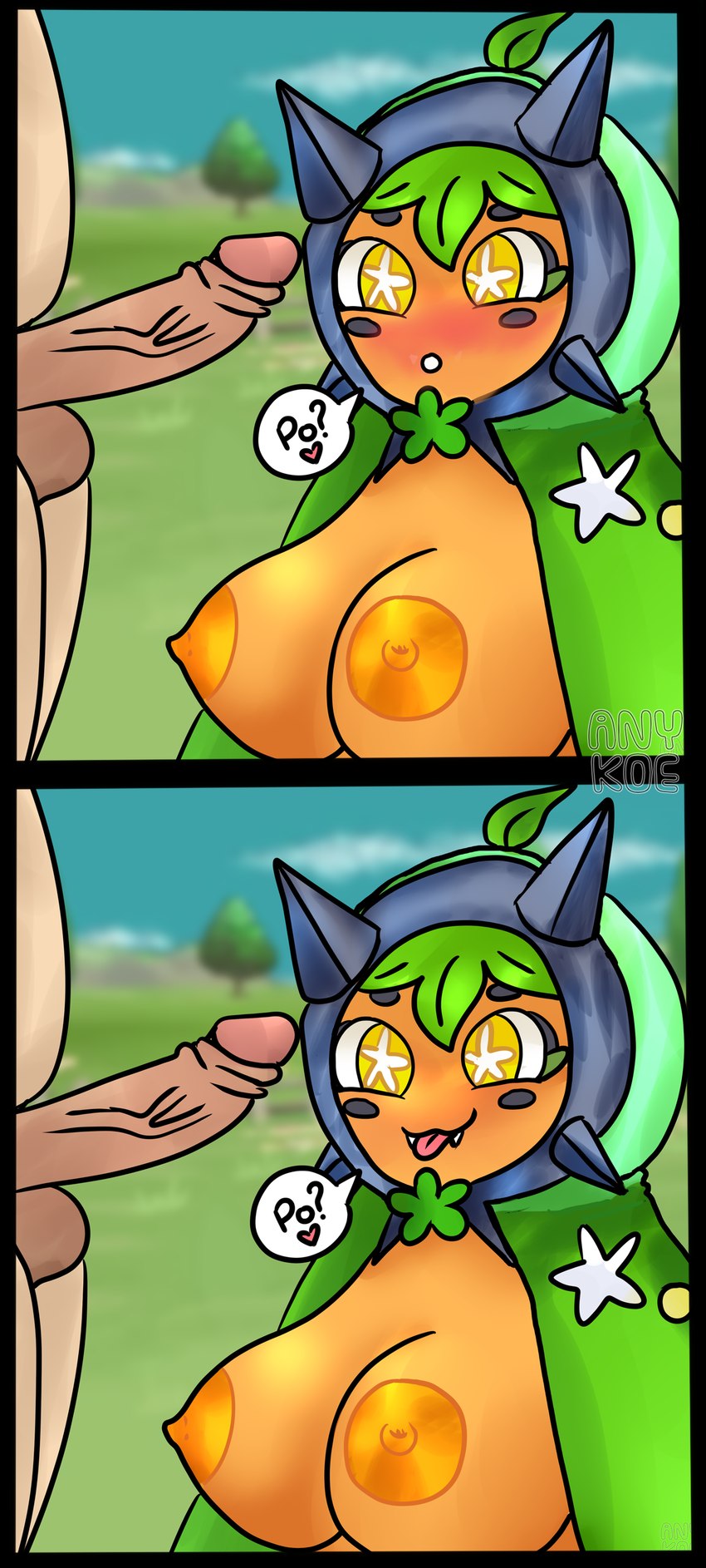 anthro breasts bubble_text duo fangs female genitals happy horn humanoid_genitalia humanoid_penis leaf male male/female penis star_eyes surprised_expression teeth text tongue tongue_out anykoe nintendo pokemon generation_9_pokemon human legendary_pokemon mammal ogerpon pokemon_(species) absurd_res comic hi_res watermark