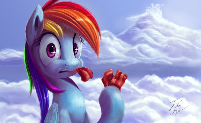 bacon blue_body blue_feathers blue_fur cloud cloudsdale eating feathered_wings feathers female feral food fur hair looking_at_viewer meat multicolored_hair outside purple_eyes rainbow_hair sky solo surprise wings tsitra360 friendship_is_magic hasbro my_little_pony mythology rainbow_dash_(mlp) equid equine mammal mythological_creature mythological_equine pegasus 2013 hi_res