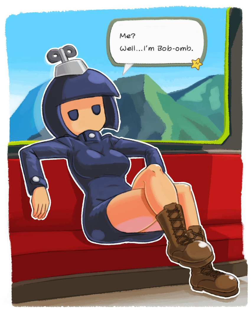 black_eyes black_hair boots clothing crossgender dress female footwear gameplay_mechanics hair humanoidized looking_at_viewer monster_girl_(genre) mtf_crossgender not_furry shoes sitting solo star text wind-up_key minus8 mario_bros nintendo paper_mario bobby_(paper_mario) bob-omb bomb_humanoid humanoid living_bomb english_text hi_res