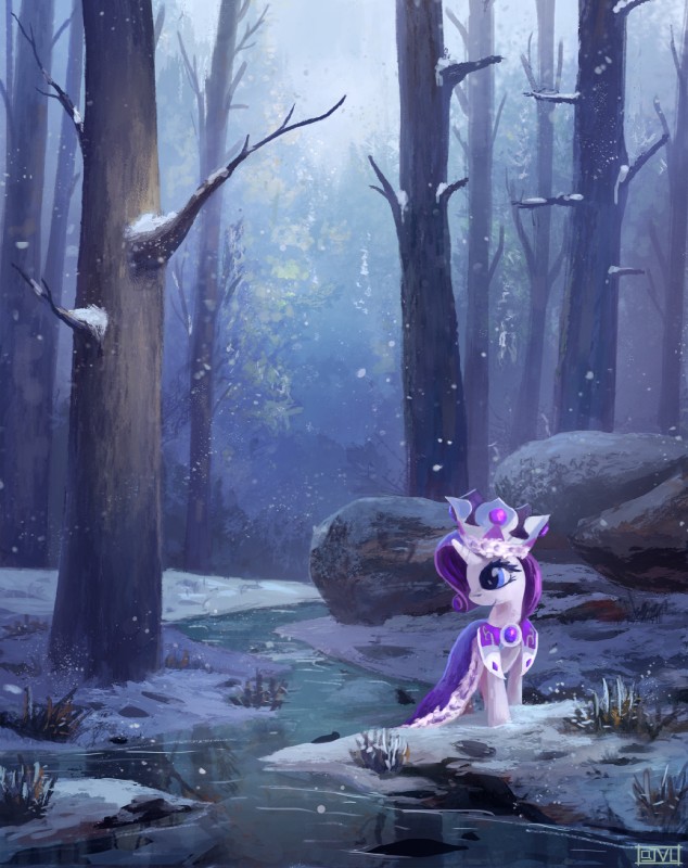 blue_eyes cape clothing costume creek crown detailed_background female feral forest hair headgear horn outside plant purple_hair snow snowing solo standing tree water ajvl friendship_is_magic hasbro my_little_pony mythology princess_platinum_(mlp) rarity_(mlp) equid equine mammal mythological_creature mythological_equine unicorn 2014 hi_res