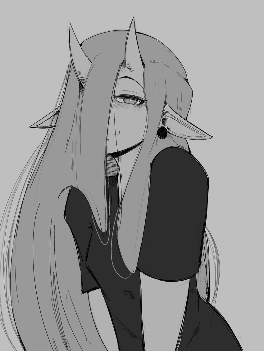 clothing curved_horn ear_piercing female gauged_ear grey_background hair half-closed_eyes horn humanoid_pointy_ears long_hair narrowed_eyes piercing pointy_ears shirt simple_background smile smirk smug smug_face t-shirt topwear yxxzoid dasi_(yxxzoid) demon demon_humanoid humanoid 3:4 absurd_res greyscale hi_res monochrome gynomorph_(lore) trans_(lore) trans_woman_(lore)