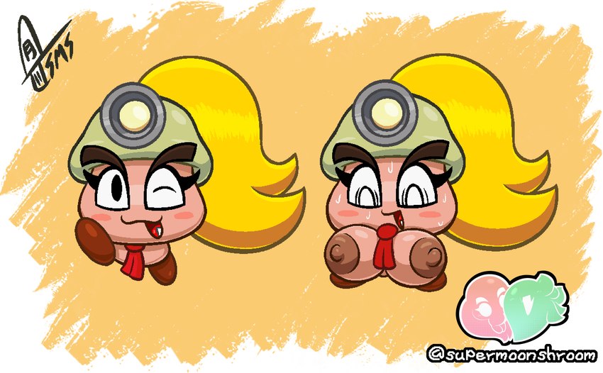 areola armless armor big_breasts blonde_hair blush blush_stickers bodily_fluids breast_expansion breasts brown_areola brown_nipples expansion female hair headgear helmet huge_breasts looking_at_viewer necktie nipples not_furry one_eye_closed open_mouth ponytail solo sweat tan_body wink supermoonshroom mario_bros nintendo paper_mario goombella goomba waddling_head hi_res