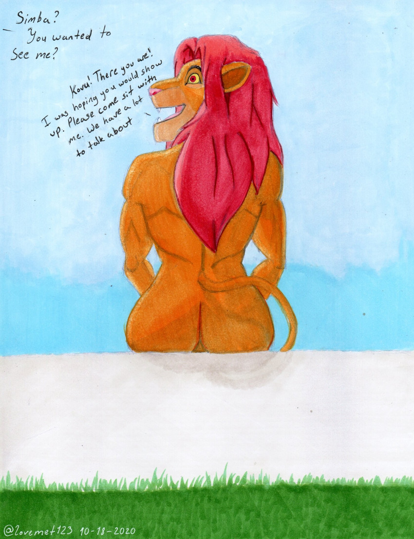 anthro blue_sky butt dialogue femboy fur grass green_ground hair looking_back male mane mane_hair nude pink_nose plant red_eyes red_hair rim_light sitting sky smile solo text wall_(structure) yellow_body yellow_fur yellow_sclera lovemet123_(lovemet_room) disney the_lion_king simba_(the_lion_king) felid lion mammal pantherine english_text hi_res