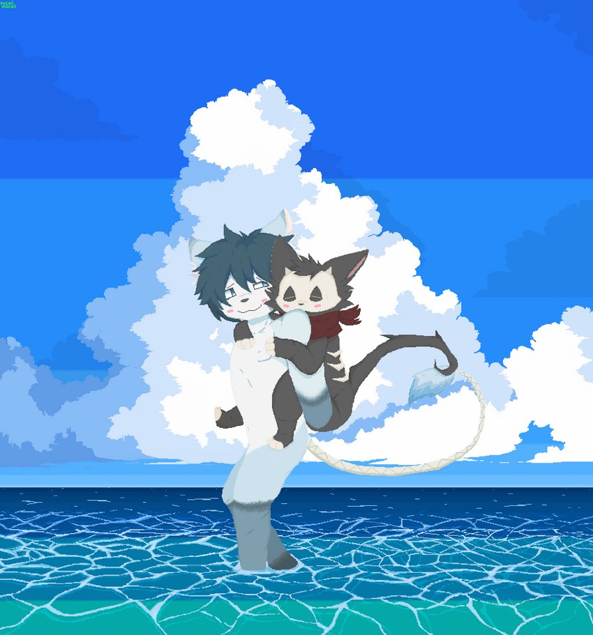 anthro big_ears black_body black_fur blue_body blue_fur blue_hair blush cloud detailed_background detailed_fur duo fur hair heart_symbol love male male/male nipples pixelated sea simple_background sky skyscape smile summer walking water white_body white_fur pachiimochii frosh_(furoroshu) knefas domestic_cat felid feline felis humanoid mammal absurd_res detailed digital_drawing_(artwork) digital_media_(artwork) hi_res pixel_(artwork) pyxel_edit_(artwork) signature