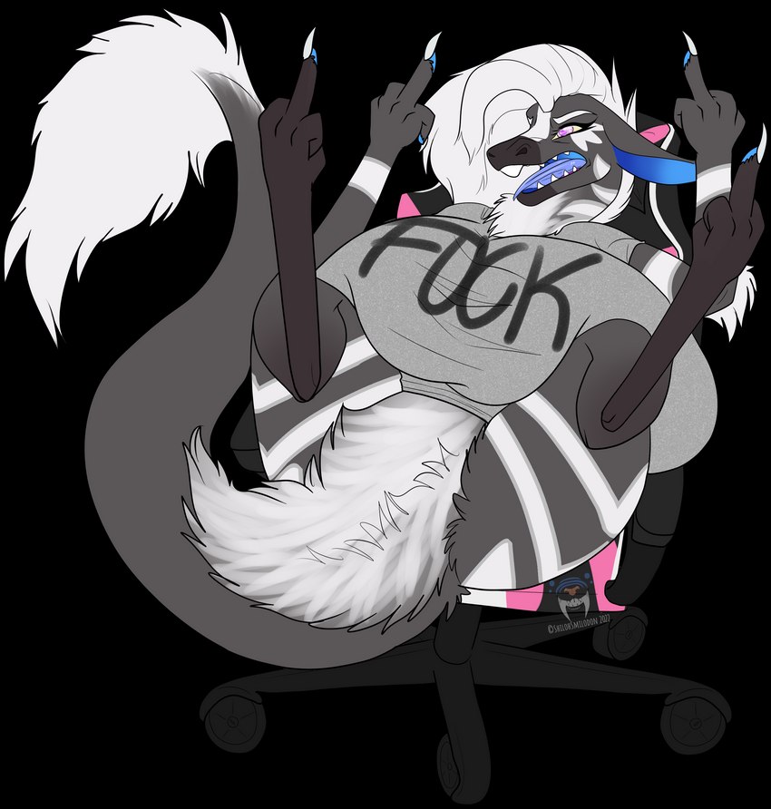 angry anthro big_breasts big_tooth blue_tongue breasts clothing crotch_tuft ears_down female fur gaming_chair gesture grey_body grey_clothing grey_fur grey_shirt grey_topwear hair hand_gesture huge_breasts long_tail middle_finger nails pivoted_ears purple_eyes rude sharp_teeth shirt snarling solo suggestive suggestive_gesture tail tail_fluff tail_tuft teeth tongue topwear tuft vulgar white_hair wide_hips yellow_sclera shilohsmilodon out-of-placers vee_(veedway) mammal yinglet absurd_res alpha_channel hi_res