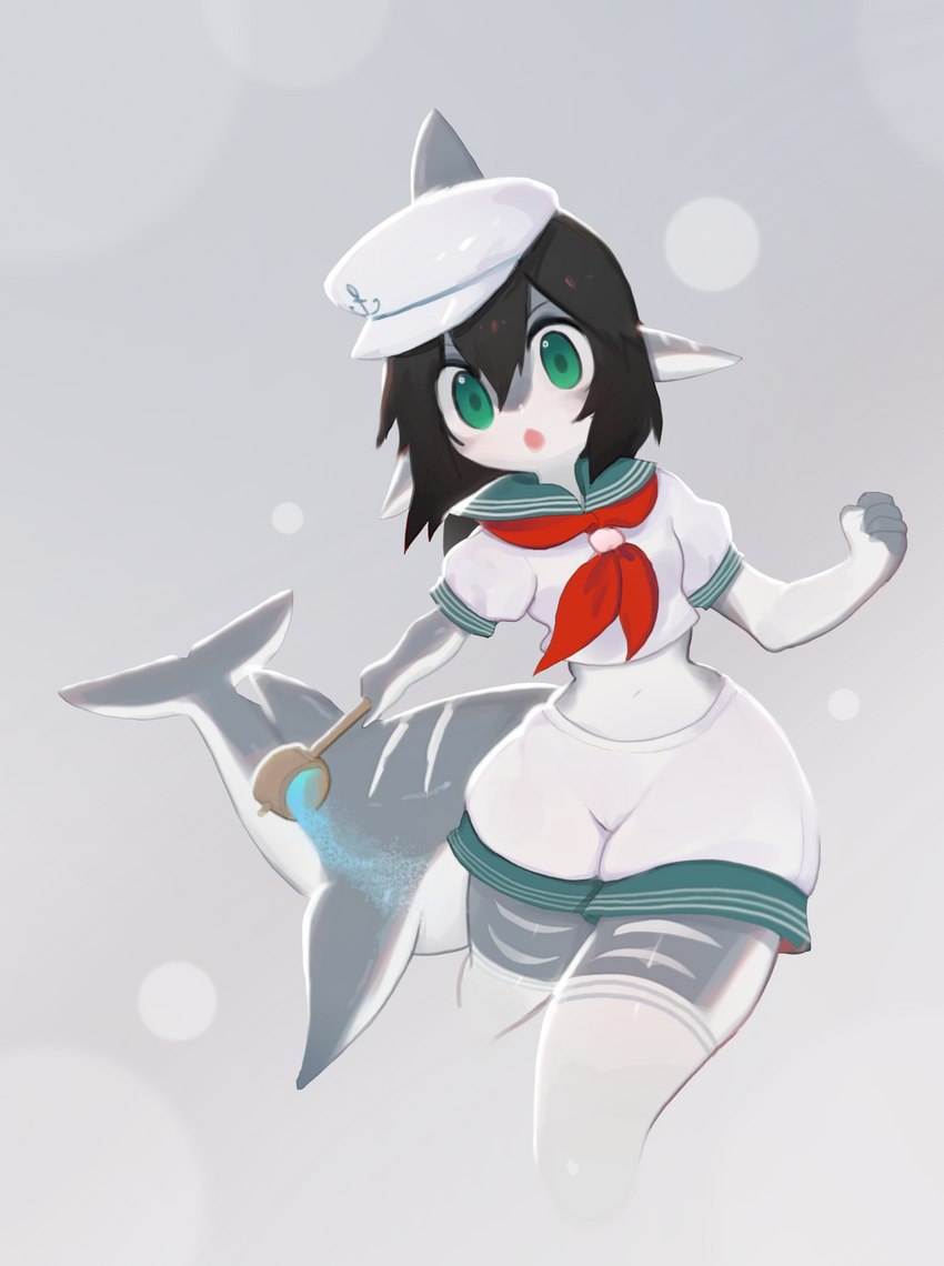 5_fingers alternative_fashion anthro black_hair clothed clothing female fingers green_eyes grey_body grey_skin hair hat headgear headwear holding_object j-fashion kemono kerchief legwear midriff multicolored_body neckerchief neckwear open_mouth sailor_cap sailor_uniform simple_background solo standing stockings topwear two_tone_body water white_body white_skin soda_uyu touhou minamitsu_murasa fish marine shark digital_media_(artwork) hi_res