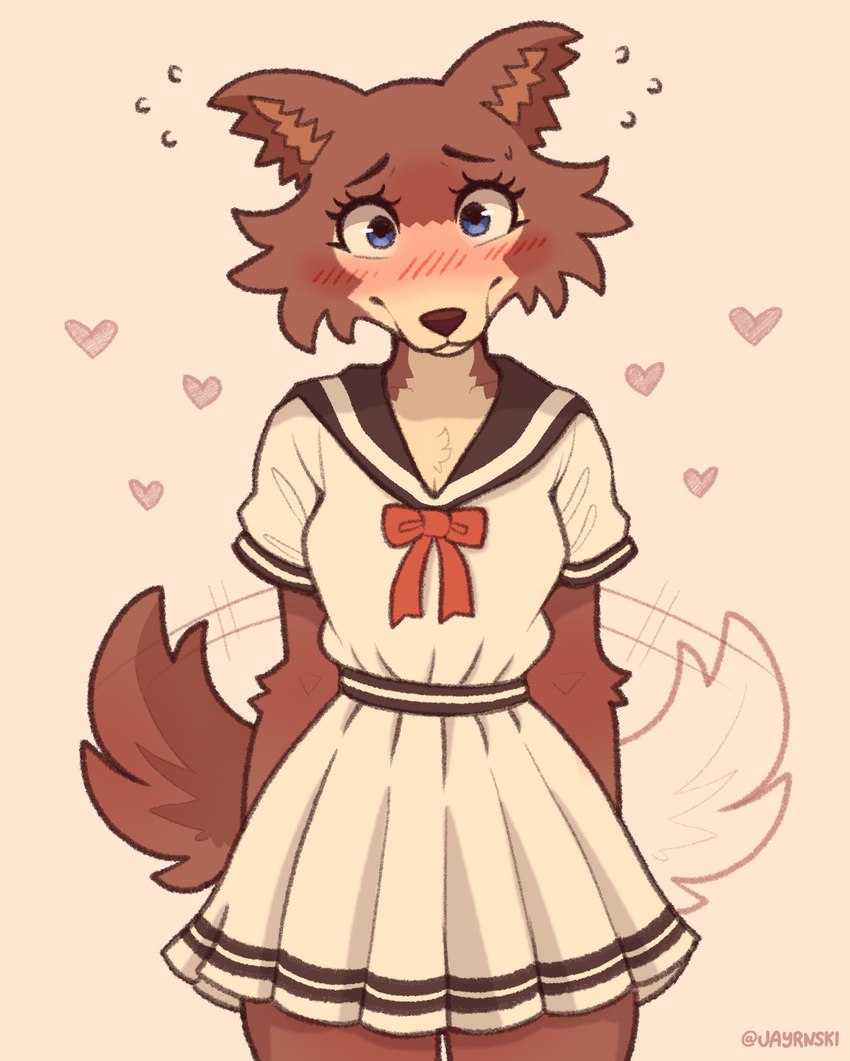 anthro blue_eyes blush bottomwear bow_(feature) brown_body brown_fur clothed clothing eyebrows eyelashes female fur heart_symbol looking_at_viewer school_uniform simple_background skirt solo tail tail_motion tailwag text uniform jayrnski beastars juno_(beastars) canid canine canis mammal wolf 2024 artist_name hi_res