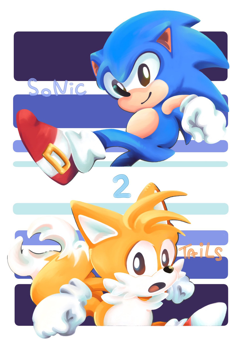 anthro black_eyes blue_body blue_fur border clothing duo fist footwear fur gloves handwear male open_mouth pattern_background shoes simple_background smile striped_background text white_body white_border white_fur yellow_body yellow_fur young mennnntaiko classic_sonic_(universe) sega sonic_the_hedgehog_(series) classic_sonic classic_tails miles_prower sonic_the_hedgehog canid canine eulipotyphlan fox hedgehog mammal 2019 english_text hi_res