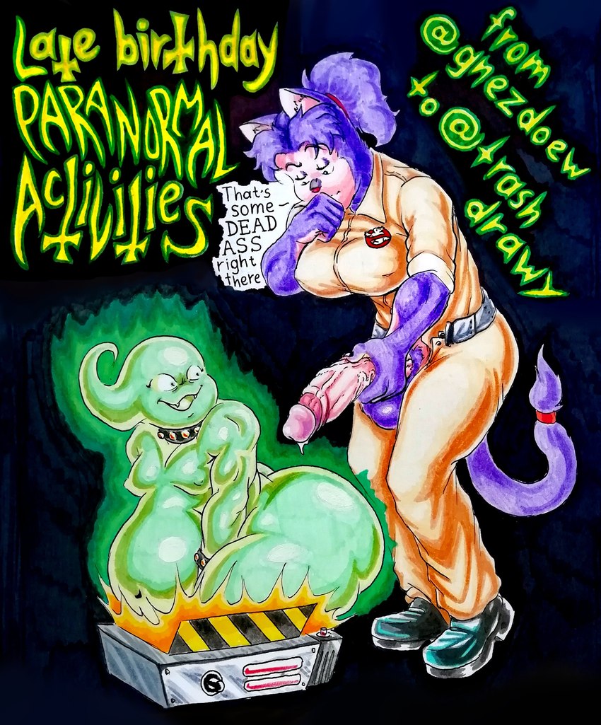 anthro balls big_breasts big_butt big_penis breasts butt collar cosplay dialogue duo fur genitals gynomorph intersex male masturbation nipple_outline nipples overweight overweight_male penis proton_pack purple_body purple_fur text thick_thighs unzipped unzipped_pants vein veiny_penis zipper the_fedor_corpse ghostbusters chuchu_(catnapped) gu_(character) domestic_cat felid feline felis ghost mammal spirit absurd_res english_text hi_res